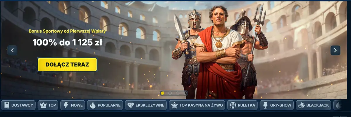 Polish BetRepublic homepage banner promoting “Bonus Sportowy od Pierwszej Wpłaty 100% do 1125 zł” with a yellow “Dołącz teraz” button, set in a Roman colosseum scene with gladiator characters and category tabs below (providers, top, new, popular, live casino, roulette, game show, blackjack).